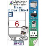 ArtMaster A4 Hazır Beyaz Etiket 99.1X93.1MM 100 Sayfa 1 Paket 6 Lı Kendinden Yapışkanlı Fotokopi Lazer Inkjet Kağıdı Yazıcılarla - Standart