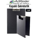 ArtMaster A4 Siyah Kapaklı Sekreterlik 1 Adet Renkli Klipsli Metal Mekanizmalı 80 Yaprak Kapasiteli Ofis Büro - 22x32 cm - Standart