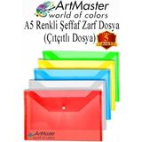 ArtMaster A5 Çıtçıtlı Dosya Şeffaf Renkli Zarf Dosya 5 Renk 17X22 cm Çıt Çıtlı Dosya Su Geçirmez 50 Yaprak Kapasiteli - Çok Renkli