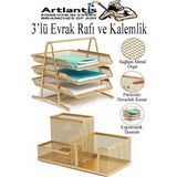 ArtMaster Altın Sarı Metal Evrak Rafı 3 Lü ve Masaüstü Kalemlik 1 Paket Masaüstü A4 Dosya 3 Katlı Düzenleyici Kağıt Tepsisi Metal - Altın - Sarı - Standart