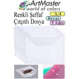 ArtMaster Beyaz A4 Çıtçıtlı Dosya Şeffaf Renkli Zarf Dosya 5 Adet Çıt Çıtlı Dosya Su Geçirmez 100 Yaprak Kapasite - 24x34 cm