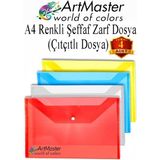 ArtMaster Çıtçıtlı Dosya A4 Şeffaf Renkli Zarf Dosya 4 Renk Çıt Çıtlı Dosya Su Geçirmez 100 Yaprak Kapasite Okul Ofis - Çok Renkli - 24x34 cm