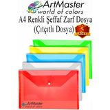ArtMaster Çıtçıtlı Dosya A4 Şeffaf Renkli Zarf Dosya 5 Renk Çıt Çıtlı Dosya Su Geçirmez 100 Yaprak Kapasite Okul Ofis - Çok Renkli - 24x34 cm