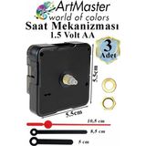 ArtMaster Duvar Saat Mekanizması 3 Adet 10 mm Şaft Sessiz Saat Motoru Akrep Yelkovan Okul Deney Saat Yapım Seti - Siyah - Kırmızı - Standart