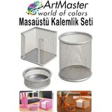 ArtMaster Gümüş Gri Masaüstü Fileli Kalemlik Seti 3 Parça 1 Paket 3 Lü Masa Üstü Düzenleyici Kalemlik Küp Notluk Ataşlık - Gümüş - Gri - Standart