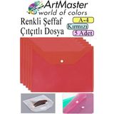 ArtMaster Kırmızı A4 Çıtçıtlı Dosya Şeffaf Renkli Zarf Dosya 5 Adet Çıt Çıtlı Dosya Su Geçirmez 100 Yaprak Kapasite - 24x34 cm