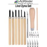 ArtMaster Linol Oyma Seti 19 Parça 1 Paket ve Kretuar Bıçak Seti Ahşap Saplı Oyma Kesme Bıçak Seti Linol Bıçaklı Linolyum Baskı - Standart - Naturel