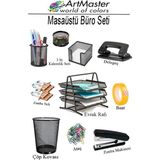 ArtMaster Masaüstü Büro Seti Metal Siyah 8 Parça Kalemlik Evrak Rafı 3 Lü Delgeç Zımba Makinesi Notluk Çöp Kovası Ataç - Standart