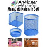 ArtMaster Mavi Masaüstü Fileli Kalemlik Seti 3 Parça 1 Paket 3 Lü Masa Üstü Düzenleyici Kalemlik Küp Notluk Ataşlık - Standart