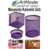 ArtMaster Mor Masaüstü Fileli Kalemlik Seti 3 Parça 1 Paket 3 Lü Masa Üstü Düzenleyici Kalemlik Küp Notluk Ataşlık - Standart