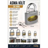 ArtMaster Orta Boy Asma Kilit 38 mm 1 Adet Thor Plus Paslanmaz Metal Asma Kilit Dayanıklı Yedek Anahtarlı Zincir Kilidi Kapı Bahçe - Gri - 38mm - Standart