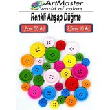 ArtMaster Renkli Ahşap Düğme 60 Adet 1 Paket Sanat Etkinlik Okul Kreş Anasınıfı 1.2cm 50 Adet 2.5cm 10 Adet Süsleme Düğmesi - Çok Renkli