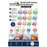 ArtMaster Renkli Çelik Kıskaç Klips 25 mm 12 Adet Evrak Mandalı Renkli Metal Mandal Binder Clips Kıskaç 60 Sayfa Kapasiteli - Çok Renkli