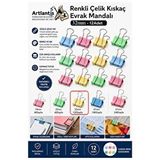 ArtMaster Renkli Çelik Kıskaç Klips 32 mm 12 Adet Evrak Mandalı Renkli Metal Mandal Binder Clips Kıskaç 120 Sayfa Kapasiteli - Çok Renkli