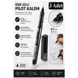 ArtMaster Siyah Pilot Kalem İğne Uçlu 3 Adet Stilo Pilot Kalem 0.5mm İnce Uçlu Pilot Kalem Likit Mürekkepli Pilot Kalem