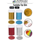 ArtMaster Toz Sim 4 Renk Altın Gümüş Kırmızı Mavi 7 gr 4 Adet Tuzluklu Renkli Toz Sim Dekorasyon Okul Etkinlik Slime Epoksi Reçine - Standart - Çok Renkli