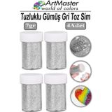 ArtMaster Toz Sim Gümüş Gri 4 Adet 7 Gr Tuzluklu Etkinlik Ders Okul Slime Dekorasyon Renkli Toz Sim Dekor Süsleme