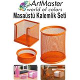 ArtMaster Turuncu Masaüstü Fileli Kalemlik Seti 3 Parça 1 Paket 3 Lü Masa Üstü Düzenleyici Kalemlik Küp Notluk Ataşlık - Standart