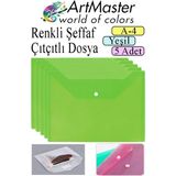 ArtMaster Yeşil A4 Çıtçıtlı Dosya Şeffaf Renkli Zarf Dosya 5 Adet Çıt Çıtlı Dosya Su Geçirmez 100 Yaprak Kapasite - 24x34 cm