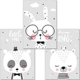 artpin® 3'lü Set Poster Çocuk Odası Dekorasyonu - Resim Bebek Odası DIN A4 - Duvar Resimleri Kız Erkek Çocuk Siyah Beyaz Gri - Çocuk Posteri Panda Ayı Tavşan Bulutlar (P46)