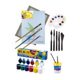 Artshop 25x35cm Tuval, 6lı Akrilik Boya, Yelpaze Kesik Düz Uçlu Fırça, Su Kabı, Palet, Spatula, Sanatsal Set