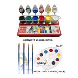 Artshop 6x25 ML Guaj Boya, Palet, 2 Düz2 Sivri Uçlu Fırça, Resim Başlangıç Sanatsal Boyama Seti