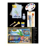 Artshop Südor 12X9 ml Akrilik Boya, 35x50 cm Tuval NO:2 Zemin Fırçalı Set, Ponpon, Palet, Su Kabı,Vernik