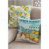 Artvibe Lemon Market Yazılı Tazı Köpek ve Limon Desenli 2li Dekoratif Kırlent Kılıfı Seti, Yazlık Akdeniz Temalı Salon Dekoru