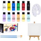 Artzone Masaüstü Akrilik Boya Seti 12 Renk + 2 Fırça + Palet + Şövale - Çok Renkli