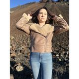 ARV Moda Içi Suni Kürklü Suni Süet Crop Biker Ceket - Açık Kahverengi - 2 Drop
