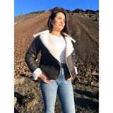 ARV Moda Içi Suni Kürklü Suni Süet Crop Biker Ceket - Siyah - Beyaz