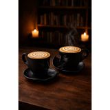 ARVALE 2 Set (4 Parça) 260 ml İskandinav Yüz Şekilli Fincan Takımı Siyah - Kupa Kahve Fincan Takımı
