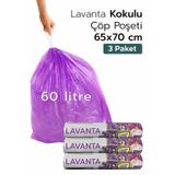 ARVALE 3 Paket Büyük Boy 65X70 Lavanta Kokulu Büzgülü Çöp Poşeti (30 Adet) Çöp Torbası 60 Litre