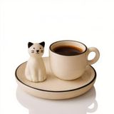 ARVALE 3D Kedi Figürlü Seramik Kahve Fincanı – Sevimli Kedi Tabak Fincan Takımı Dekoratif Set - 1 Set