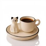 ARVALE 3D Kedi Figürlü Seramik Kahve Fincanı – Sevimli Kedi Tabak Fincan Takımı Dekoratif Set - 2 Set