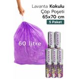 ARVALE 5 Paket Çok Avantaj Paket Mega Boy Lavanta Kokulu Büzgülü Çöp Poşeti (50 Adet) Çöp Torbası 60 Lt