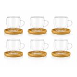 ARVALE 6'lı Çift Cidarlı Cam Kupa & Bambu Tabak Seti – Espresso & Türk Kahvesi Fincan Takımı 90 ml