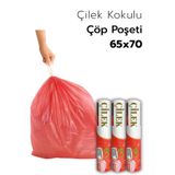 ARVALE Büyük Boy 65X70 Çilek Kokulu Büzgülü Çöp Poşeti 30 Adet (3 PAKET) Çöp Torbası 60 Litre