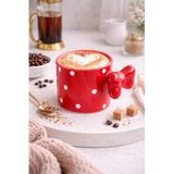 ARVALE Fiyonklu Kırmızı Puantiyeli Seramik Kahve Kupası – 3D Kulplu Tasarım Mug Bardak