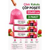ARVALE Orta Boy 55X60 Çilek Kokulu Büzgülü Çöp Poşeti 30 Adet ( 3 PAKET ) Çöp Torbası 40 Litre