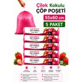 ARVALE Orta Boy 55X60 Çilek Kokulu Büzgülü Çöp Poşeti 50 Adet (5 PAKET) Çöp Torbası 40 Litre,