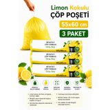 ARVALE Orta Boy 55X60 Limon Kokulu Büzgülü Çöp Poşeti 30 Adet ( 3 PAKET ) Çöp Torbası 40 Litre