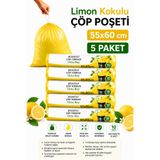 ARVALE Orta Boy 55X60 Limon Kokulu Büzgülü Çöp Poşeti 50 Adet (5 PAKET) Çöp Torbası 40 Litre