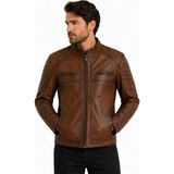 Arven Deri Hakiki Deri Erkek Mont Taba Dik Yaka Fermuarlı Slim Fit Ceket