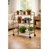 ARVİONHOME Modern Gold 3 Katlı Metal Tekerlekli Mutfak Ve Dekoratif Saksılık Dayanıklı Raflı Stand-Organizer