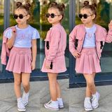 Arya Kids Kız Çocuk Pembe Pilili Etek Ceket Tişört 3'Lu Takım - 3 - 4 Yaş - 619-Pembe