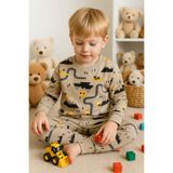 Arya Nisa Kids Erkek Çocuk Pamuklu Şardonlu Sütlü Kahve Yol Araba Desenli Uzun Kollu Pijama Takımı Kahverengi 1-2 Yaş