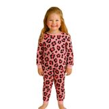 Arya Nisa Kids Kız Çocuk İki İplik Pamuklu Şardonlu Pembe Siyah Leopar Desen Uzun Kollu Pijama Takımı Pembe 5-6 Yaş