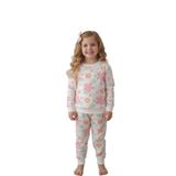 Arya Nisa Kids KIZ ÇOCUK PEMBE ÇİÇEK BASKILI%100 PAMUK ŞARDONLU PİJAMA TAKIMI Krem 2-3 Yaş
