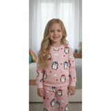 Arya Nisa Kids KIZ ÇOCUK PENGUEN BASKILI YENİ YIL YILBAŞI DESENLİ%100 PAMUK ŞARDONLU PİJAMA TAKIMI Pembe 5-6 Yaş